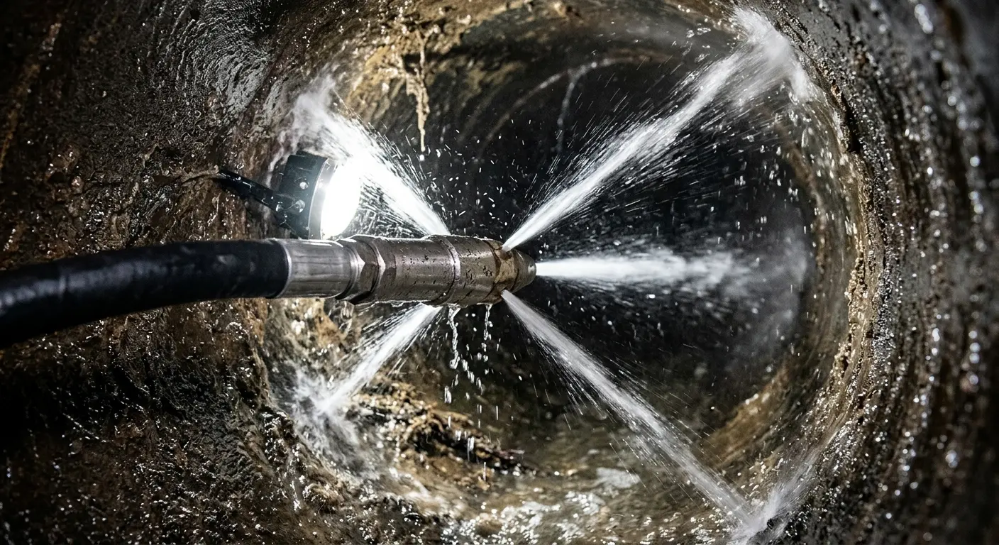 High-pressure hydro jetting nozzle cleaning sewer pipe for Trenchless Sewer Repair in Colleyville