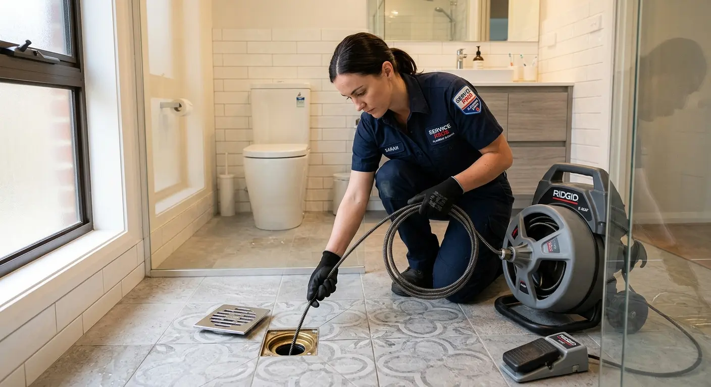 Technician clearing a bathroom floor drain for Clogged Drain Repair in Colleyville